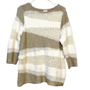 Chicos 2 Metallic Gold Stripe Knit Sweater Sequins 3/4 Sleeve Pullover Top